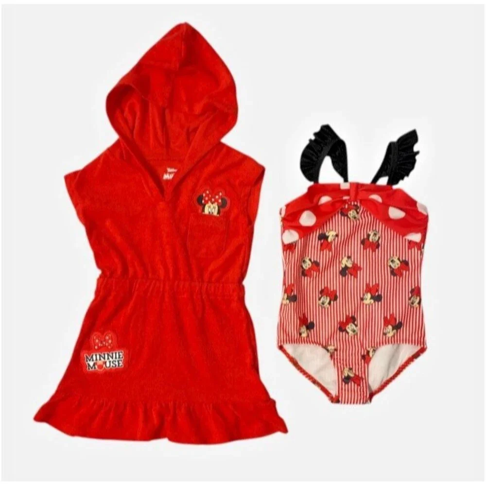 Disney Junior Minnie Mousse Girls 2 Pcs Swim Set-Swimsuit & Hooded Cover Up-2T